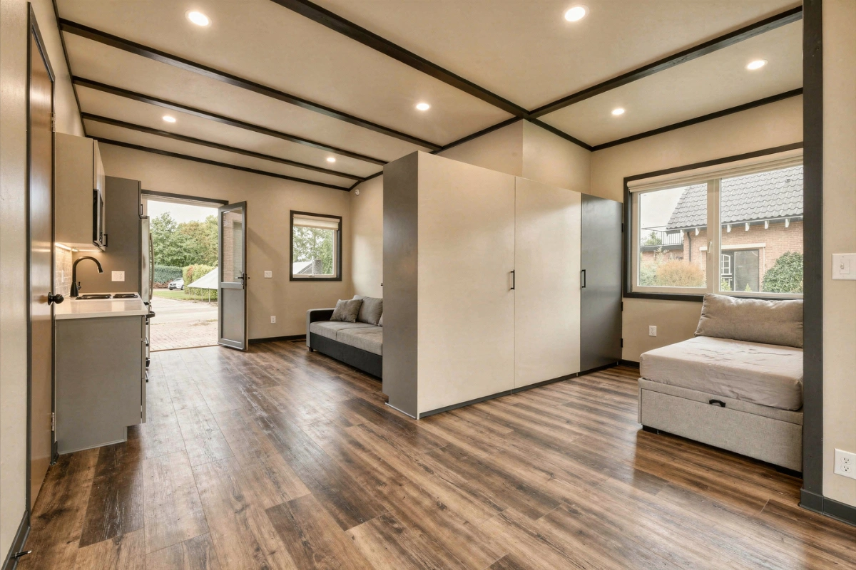 Converted garage interior with kitchenette in Dallas Texas by Go ADU Dallas